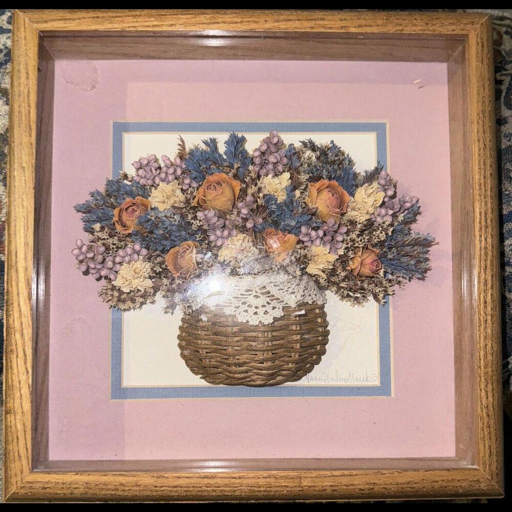 Vtg Brookpoint Farm Flowers Shadow Box Basket Dried Flowers 1988 Oak Signed